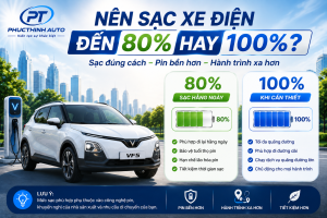 Nên sạc xe điện đến 80% hay 100%? Tìm hiểu mức pin phù hợp khi sử dụng hằng ngày, khi đi xa và cách sạc xe điện giúp bảo vệ tuổi thọ pin.