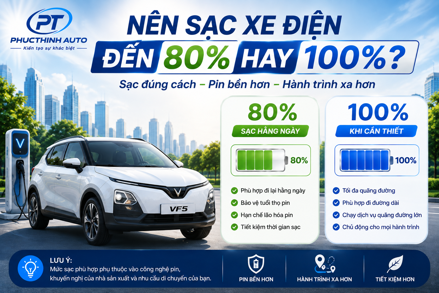 Nên sạc xe điện đến 80% hay 100%? Tìm hiểu mức pin phù hợp khi sử dụng hằng ngày, khi đi xa và cách sạc xe điện giúp bảo vệ tuổi thọ pin.